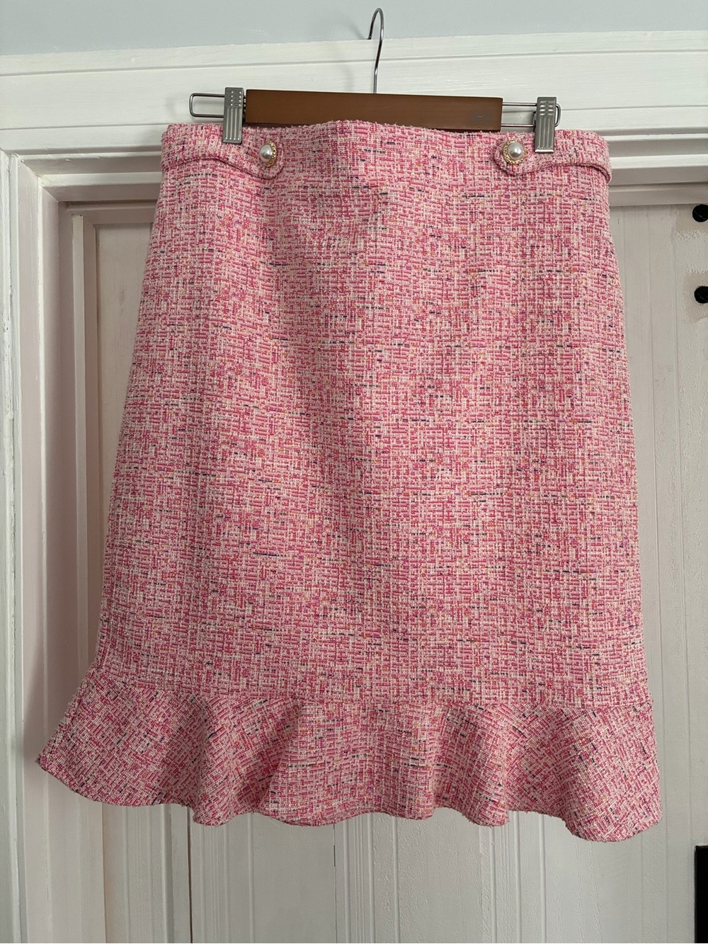 Pink Tweed Pencil Skirt with Ruffle Hem